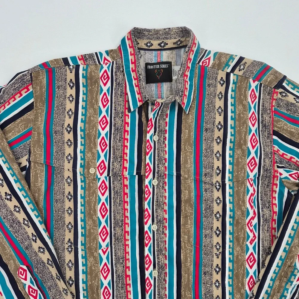 Frontier Series Mens Geometric Stripe Button‎ Down Shirt Large Cotton